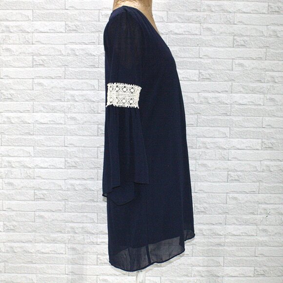 BY & BY Dress Mini Chiffon Lace Sheer Overlay Long Bell Sleeve Navy Blue Flowy M - Picture 4 of 12